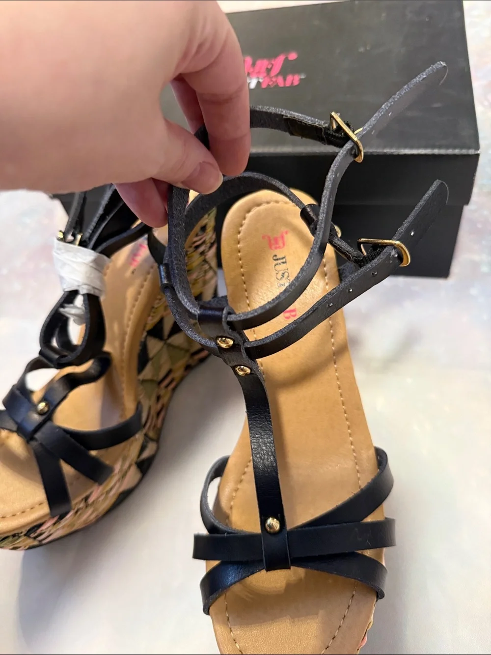 JustFab Black Strappy Wedges with Multicolor Patterned Platform 7.5